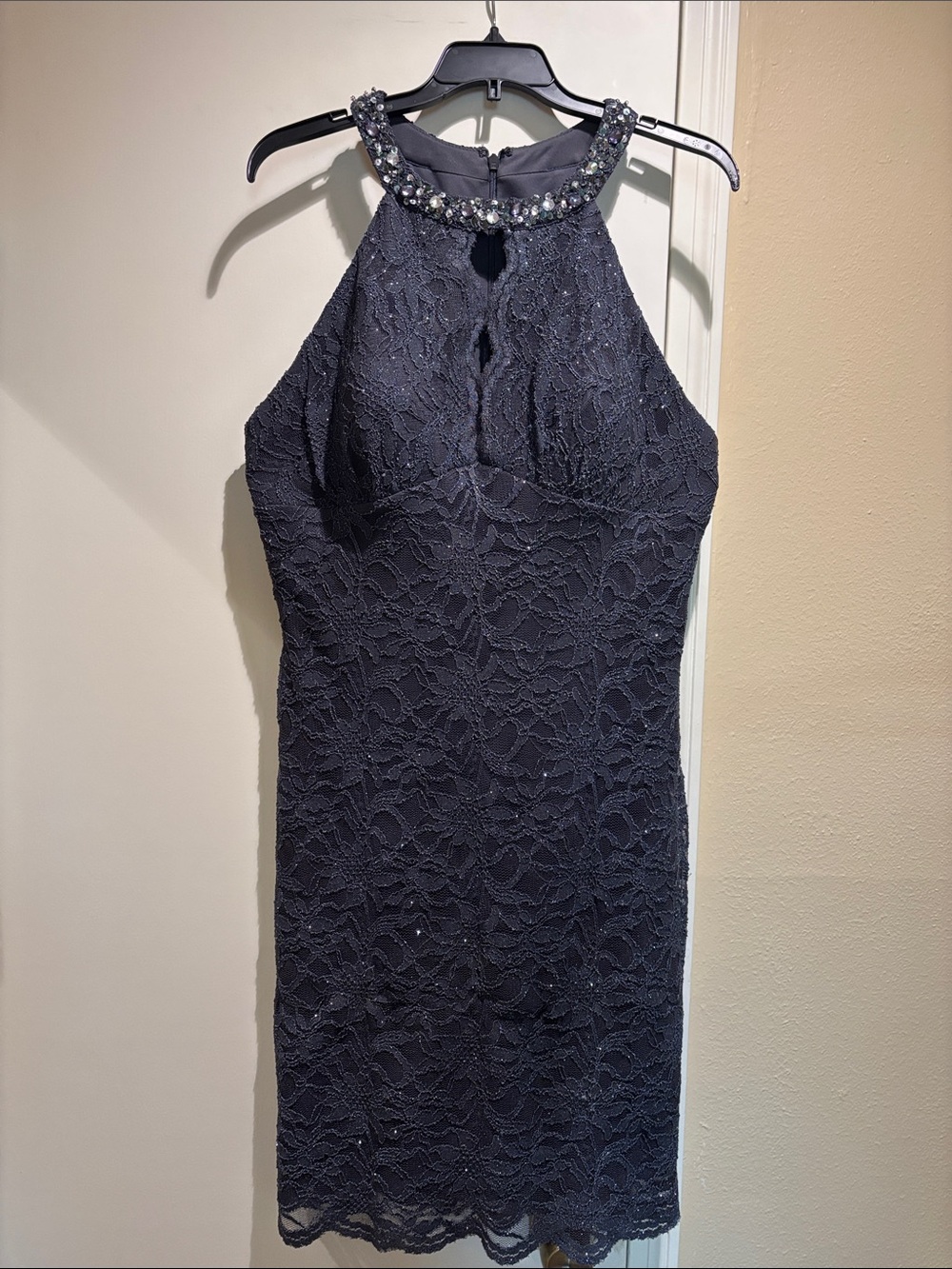 Morgan & Co. Navy Beaded Halter Lace Midi Dress